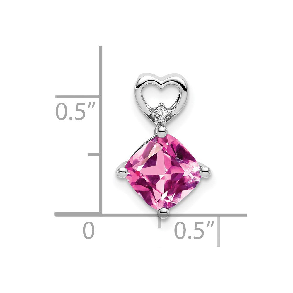 14k White Gold 7mm Cushion October/Lab Created Pink Sapphire and Diamond Heart Chain Slide