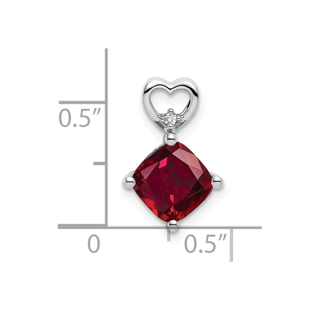 14k White Gold 7mm Cushion July/Lab Created Ruby and Diamond Heart Chain Slide