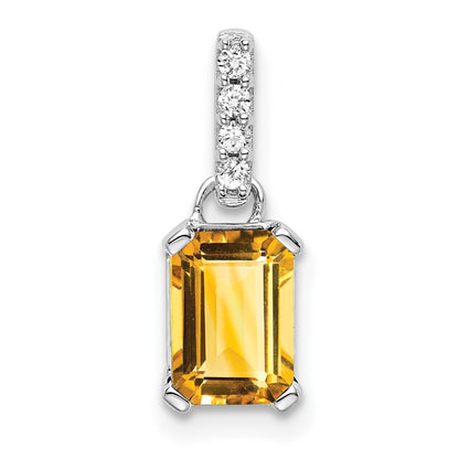 10k White Gold 7x5mm Emerald-cut November/ Citrine and Diamond Pendant
