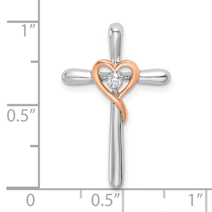 10K Two-tone White and Rose 1/20 carat Diamond Cross with Heart Center Chain Slide