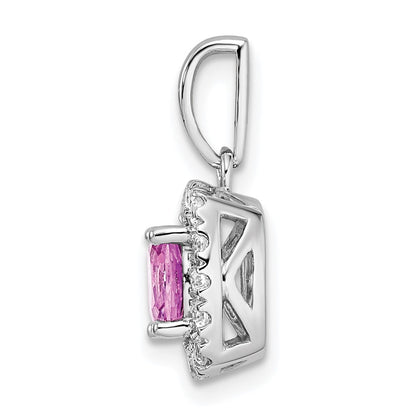 14k White Gold 1/4 carat Lab Grown Diamond VS/SI+ G+ October Birthstone Lab Created Pink Sapphire Halo Pendant