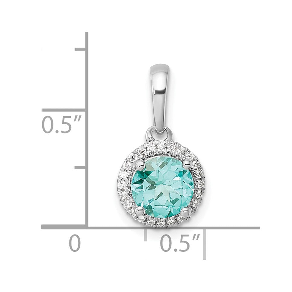 Pure Serenity 14k White Gold 1/10 carat Lab Grown Diamond VS/SI+ G+ and Lab Created Paraiba Halo Pendant
