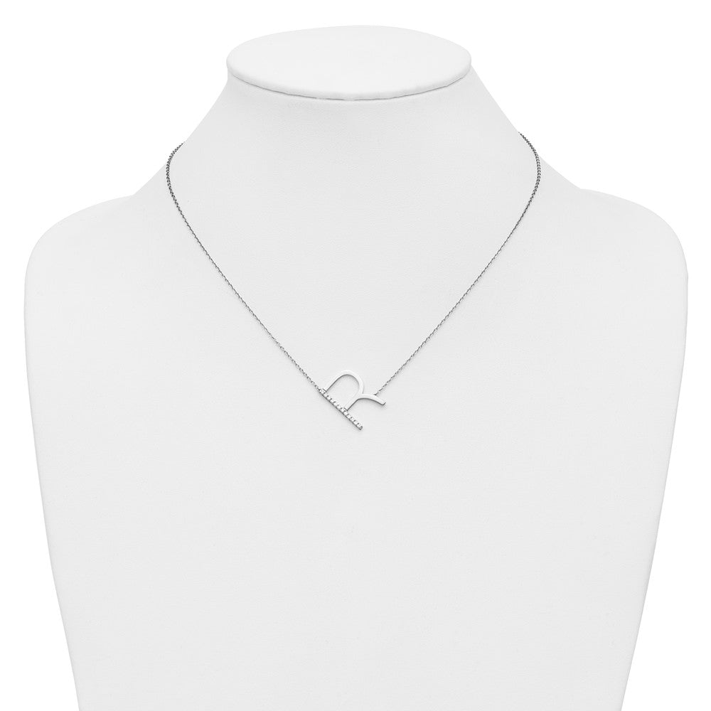 14K White Gold Sideways Diamond Initial R 18 inch Necklace