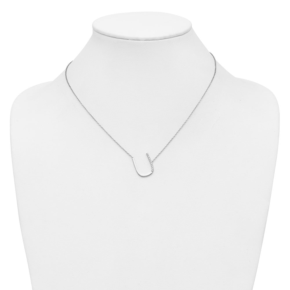 14K White Gold Sideways Diamond Initial U 18 inch Necklace