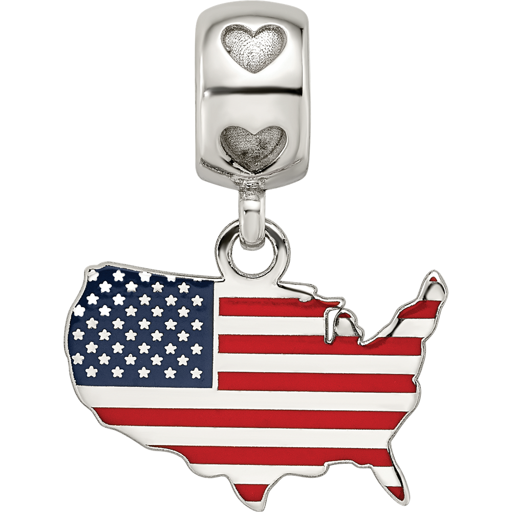 S/S FLAG IN US MAP ENAMELED ON HEART BEAD BAIL