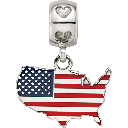 S/S FLAG IN US MAP ENAMELED ON HEART BEAD BAIL