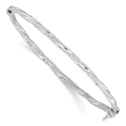 Sterling Silver Rhod-platd Textured 3mm Twisted Hinged Bangle