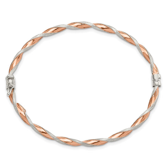 Sterling Silver Rose-tone Satin/Polish Twisted 3mm Hinged Bangle