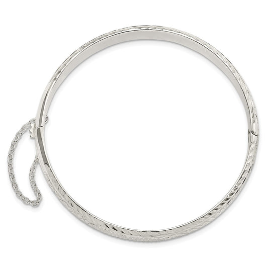 Sterling Silver Rhodium-plated Polished Diamond-cut 7.25mm Hinged  Bangle with Safety Chain