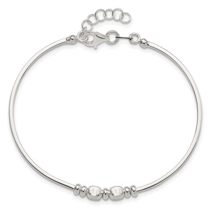 Sterling Silver Rhod-plated Polished Beads w/.75 in ext Bangle Bracelet