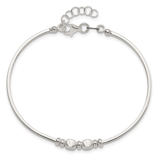Sterling Silver Rhodium-plated Polished Beads with 0.75 inch Extension Flexible Bangle Bracelet
