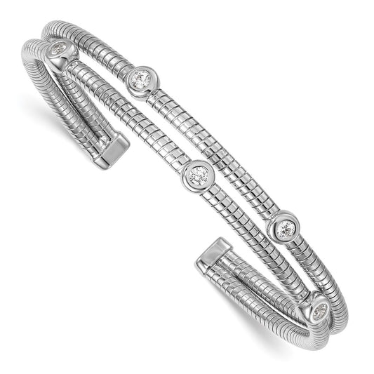 Sterling Silver Rhodium-plated Textured Bezel CZ Moveable Wrap Flexible Bangle Bracelet