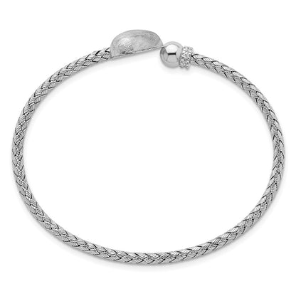 Sterling Silver Rhodium-plated Brushed Heart and CZ Flexible Cuff Bangle
