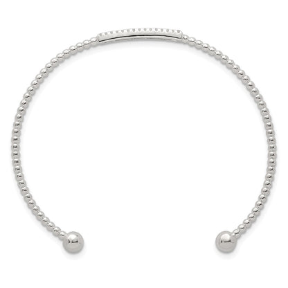 Sterling Silver Polished and Beaded CZ Bar Cuff Bangle