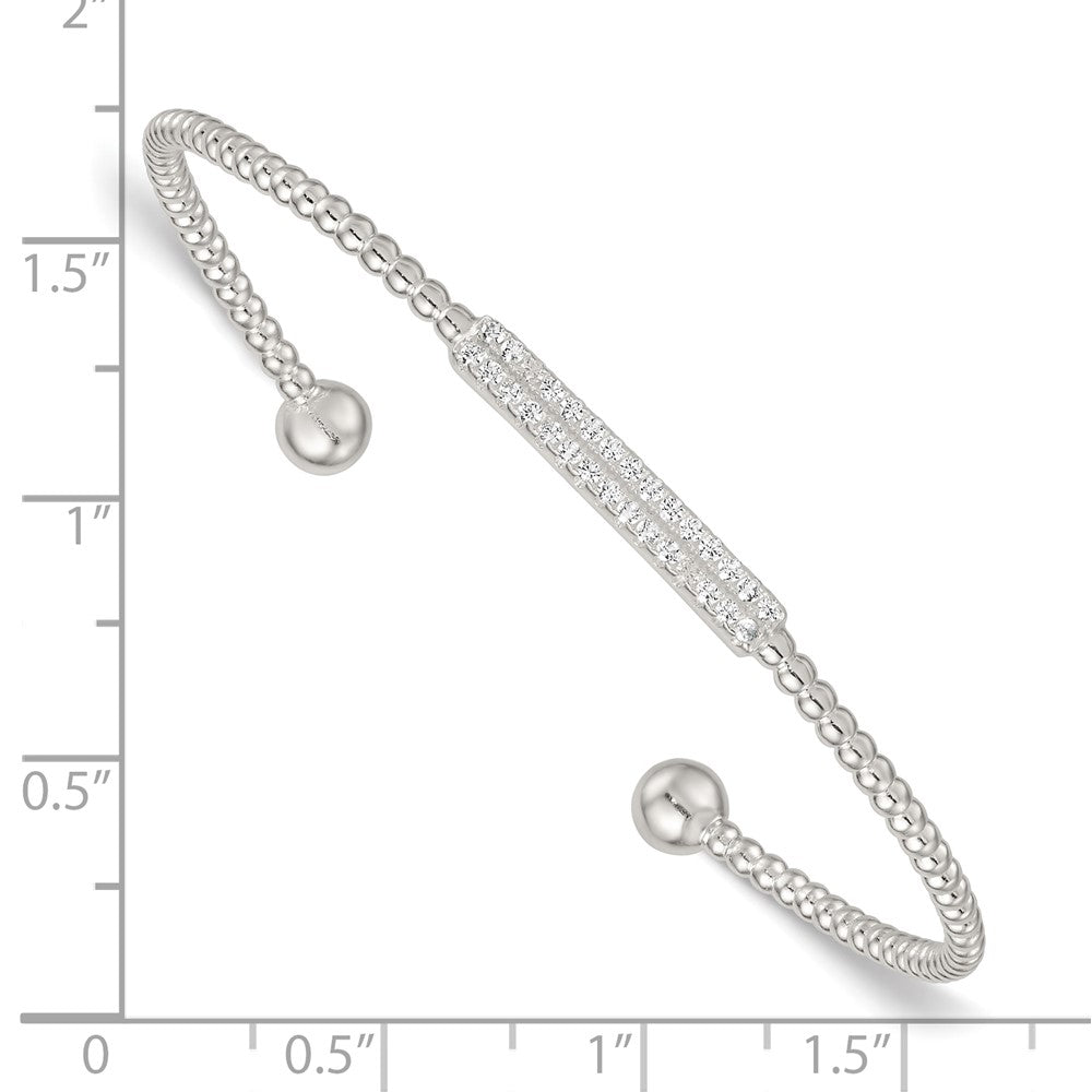 Sterling Silver Polished and Beaded CZ Bar Cuff Bangle