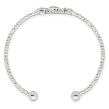 Sterling Silver Polished and Beaded Pave CZ Triple Circle Cuff Bangle