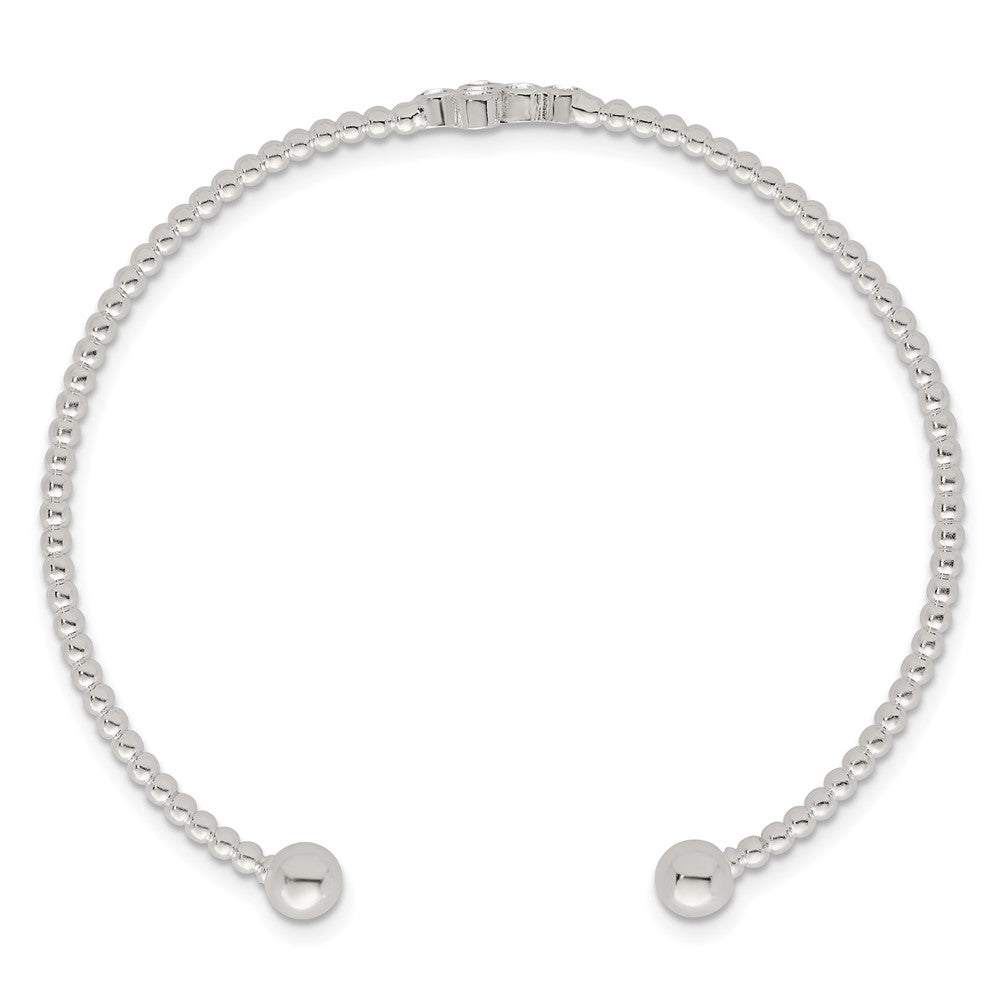 Sterling Silver Polished and Beaded CZ Cross Cuff Bangle