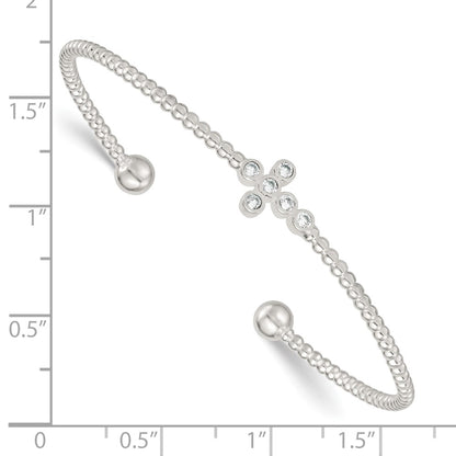Sterling Silver Polished and Beaded CZ Cross Cuff Bangle