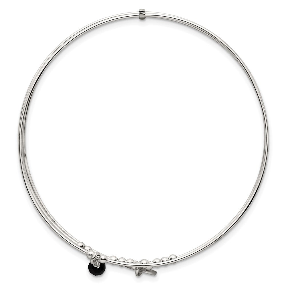 Sterling Silver Polished Beaded Miraculous Medal and Black Glass Bead Triple Band Slip-on Bangle Bracelet