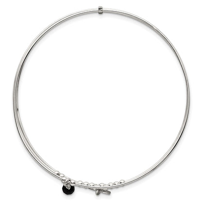 Sterling Silver Polished Beaded Miraculous Medal and Black Glass Bead Triple Band Slip-on Bangle Bracelet