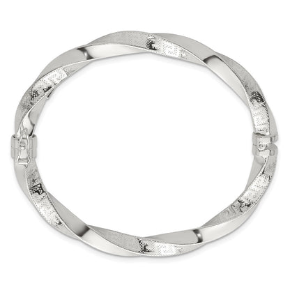 Sterling Silver Polished Textured and Twisted 6.50mm Greek Key Hinged Bangle
