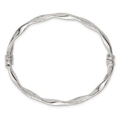 Sterling Silver Polished and Textured Twisted 4.00mm Hinged Bangle