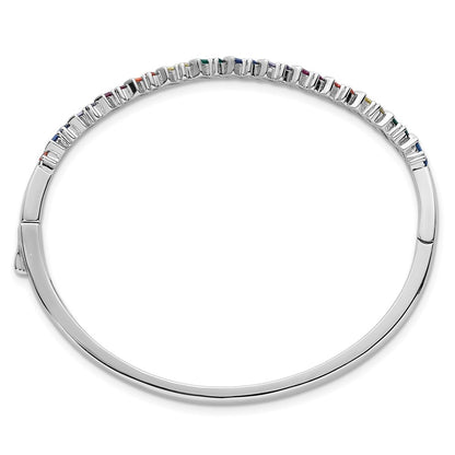 Sterling Silver Rhodium-plated Polished Multi-color Rainbow Round and Emerald-shape Nano Crystal Hinged Bangle