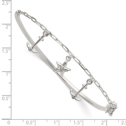 Sterling Silver Polished Anchor and Starfish Charms Half Bangle Bracelet
