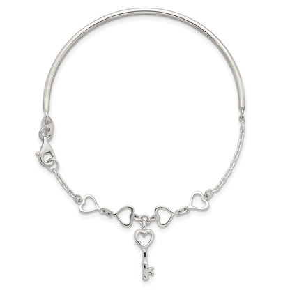 Sterling Silver Polished Open Hearts and Key Charms Half Bangle Bracelet