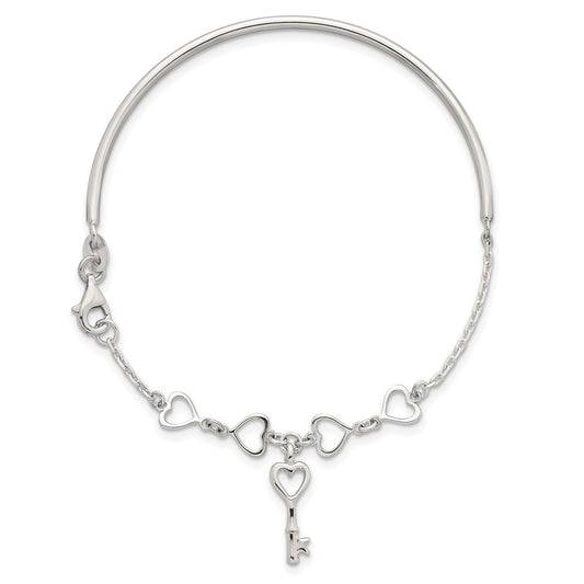 Sterling Silver Polished Open Hearts and Key Charms Half Bangle Bracelet