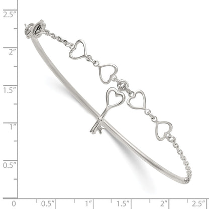 Sterling Silver Polished Open Hearts and Key Charms Half Bangle Bracelet