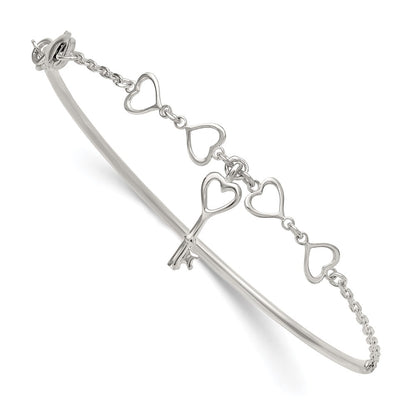 Sterling Silver Polished Open Hearts and Key Charms Half Bangle Bracelet