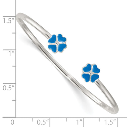 Sterling Silver Polished Blue Enamel Clover Childrens Cuff Bracelet