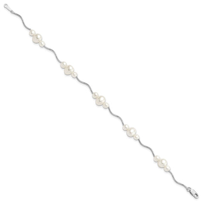 Sterling Silver Rhodium-plated 3-6mm White Near-Round Freshwater Cultured Pearl 7.25 inch Bracelet