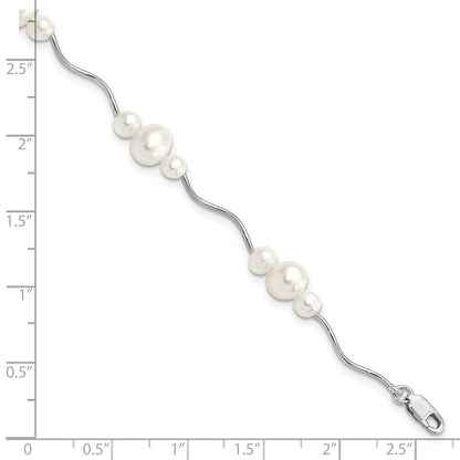 Sterling Silver Rhodium-plated 3-6mm White Near-Round Freshwater Cultured Pearl 7.25 inch Bracelet