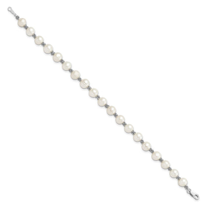 Sterling Silver Rhodium-plated 6-7mm White Round Freshwater Cultured Pearl 7.25 inch Bracelet