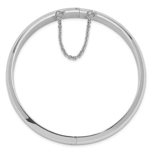 Sterling Silver Rhodium-plated Polished Domed 9mm Hinged Bangle Bracelet with Safety Chain