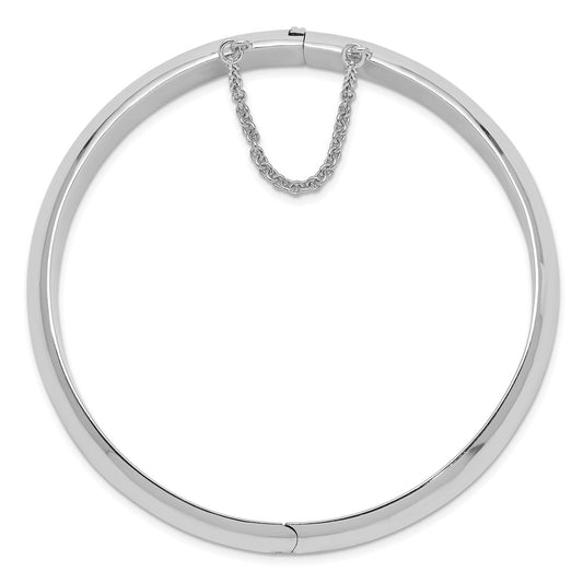 Sterling Silver Rhodium-plated Polished Domed 12mm Hinged Bangle Bracelet with Safety Chain