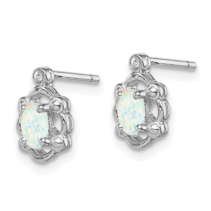 Sterling Silver Rhodium-plated Created Opal & Diam. Earrings