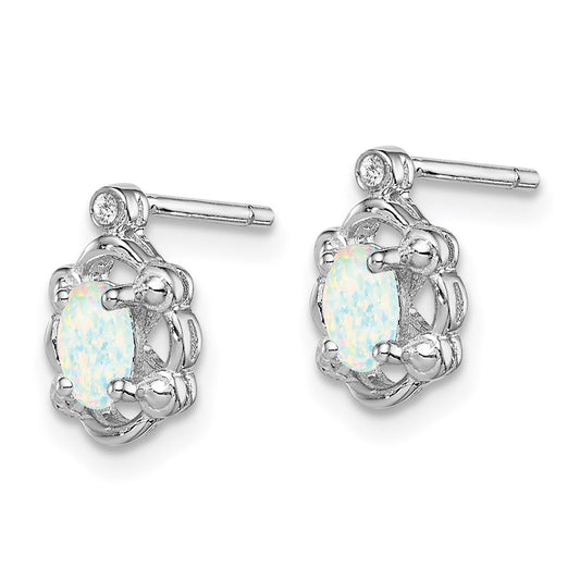 Sterling Silver Rhodium-plated Created Opal & Diam. Earrings