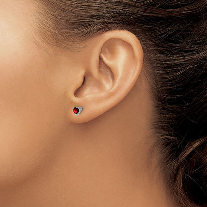 Sterling Silver Rhodium-plated 4mm Heart Garnet Post Earrings