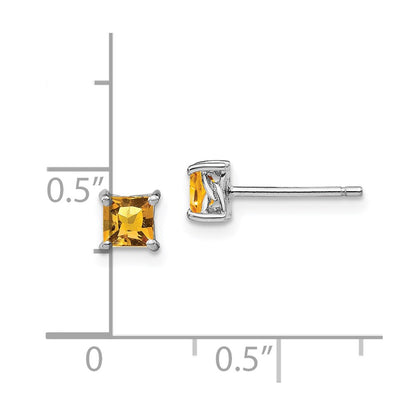 Sterling Silver Rhodium-plated 4mm Princess Citrine Post Earrings