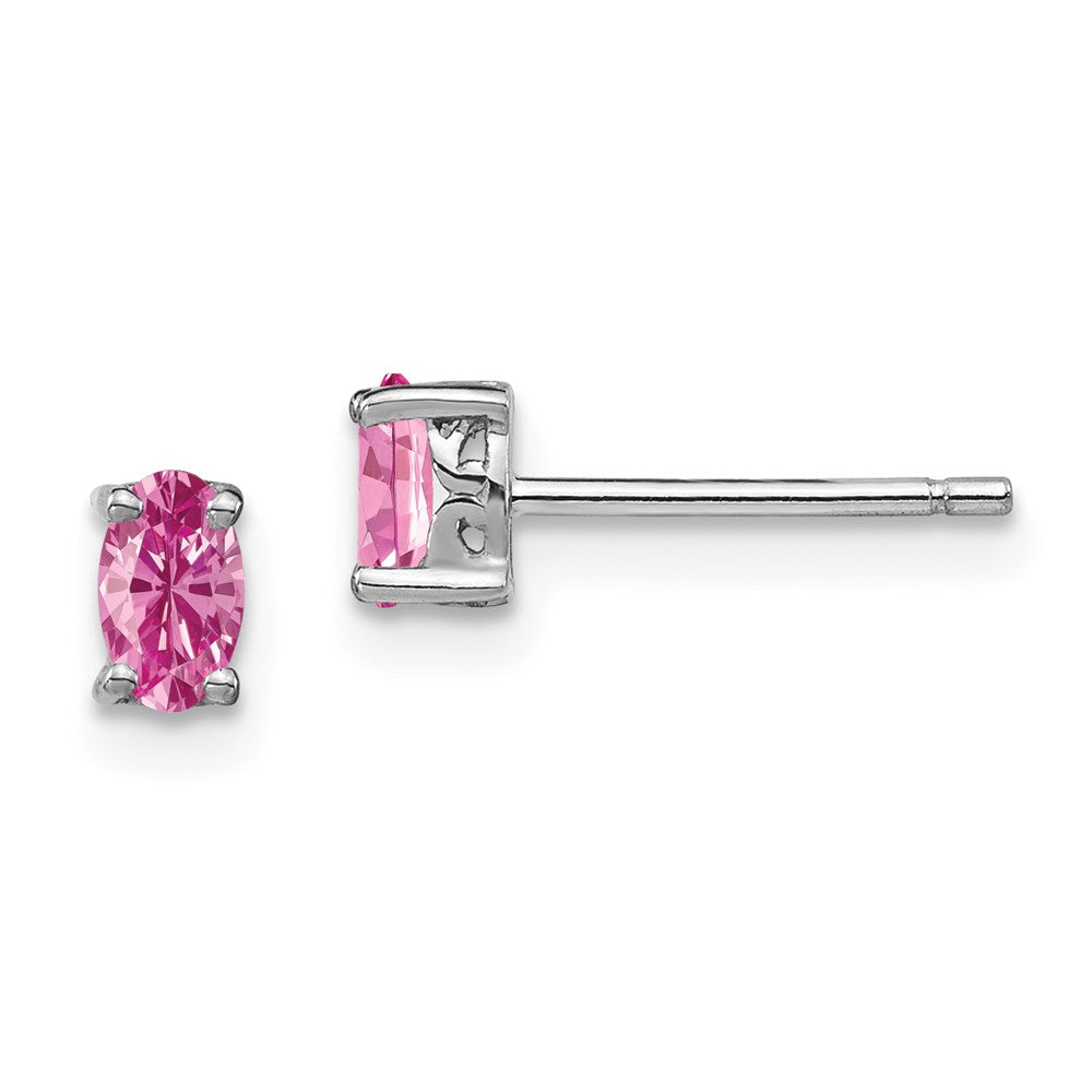 Sterling Silver Rhodium-plated 5x3mm Oval Cr. Pink Sapphire Post Earrings
