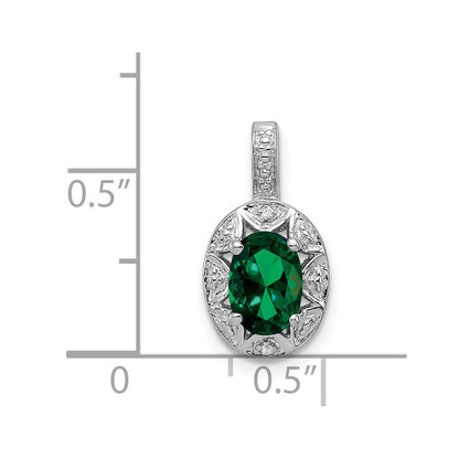 Sterling Silver Rhodium-plated Diam. & Created Emerald Pendant