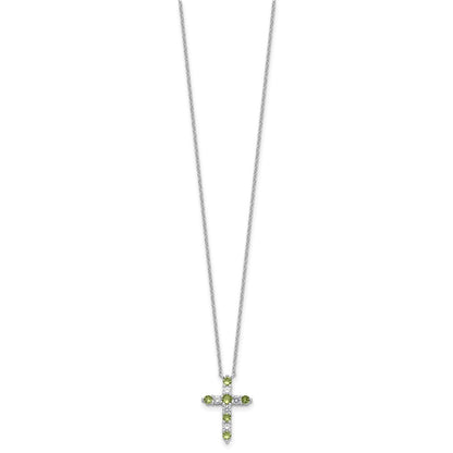 SS RH-plated Green CZ August Birthstone Cross w/2in ext Necklace