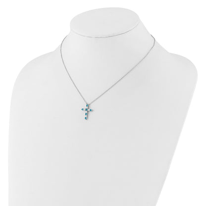 SS RH-plated Blue CZ December Birthstone Cross w/2in ext Necklace