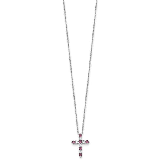 SS Rhodium-plated Purple CZ February Birthstone Cross w/2in ext Necklace