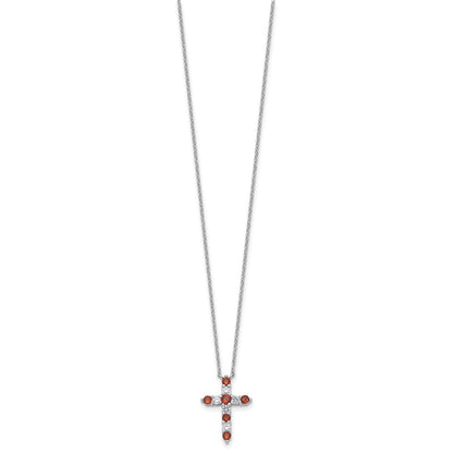 SS RH-plated Red CZ January Birthstone Cross w/2in ext Necklace