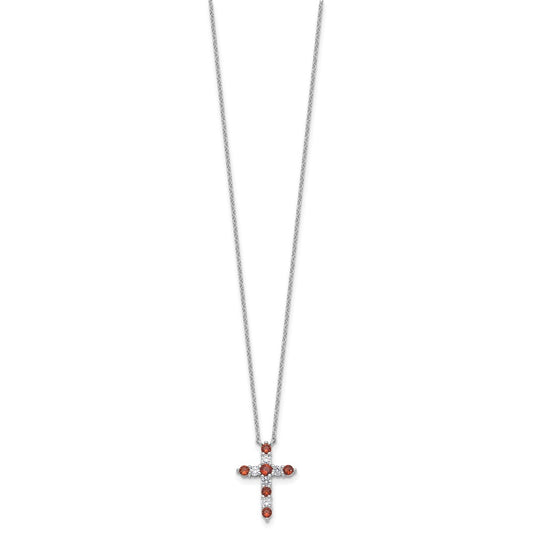 SS Rhodium-plated Red CZ January Birthstone Cross w/2in ext Necklace