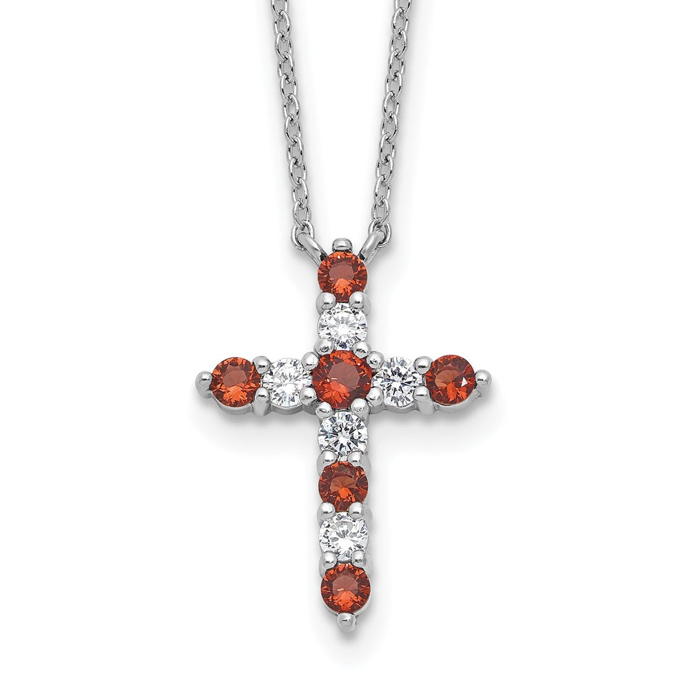 SS RH-plated Red CZ January Birthstone Cross w/2in ext Necklace